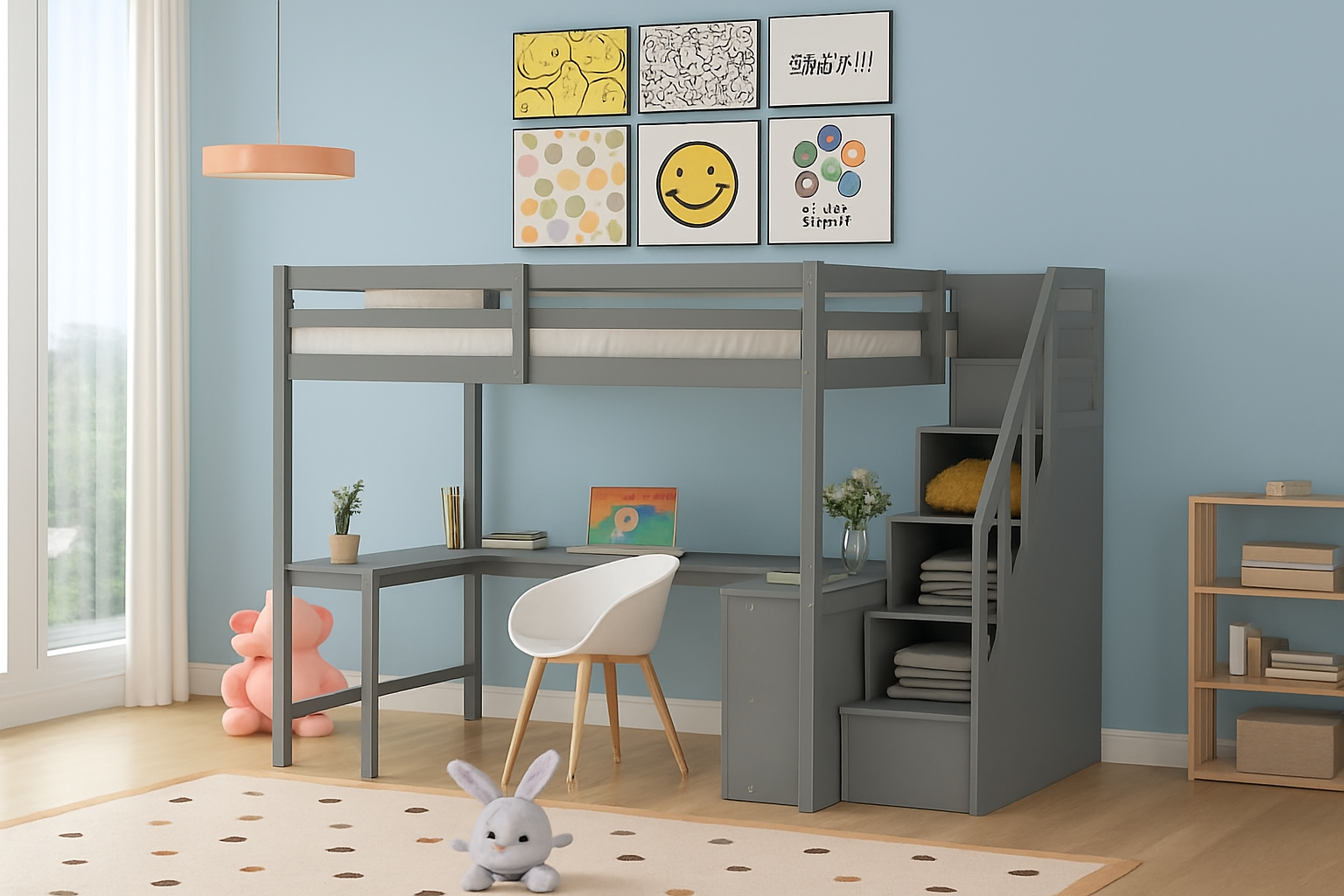 Complete Twin Loft Bed System with Convertible Stairs & Built-in Wardrobe